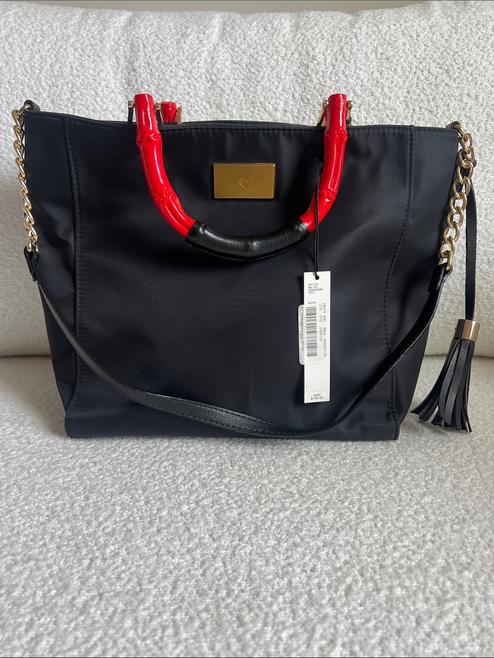 NWT Antonio Melani Black Nylon Tote Red Bamboo Handle Shoulder Bag
